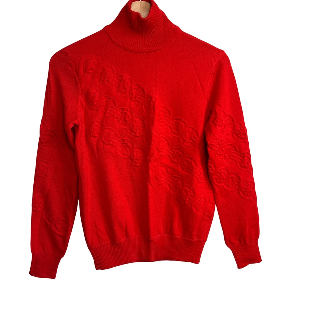 Tory Burch Gemini Red Merino Wool Turtleneck Sweater Textured‎ Monogram Red XS